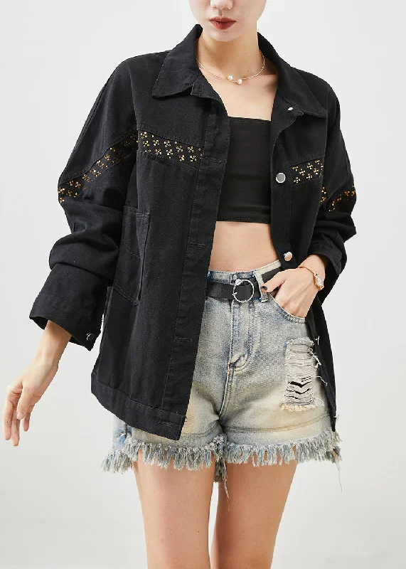 Women Black Sequins Patchwork Denim Coats Fall Draped Collar Cardigan