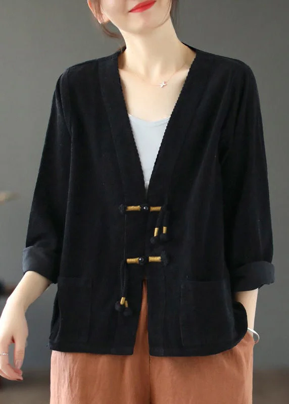 Women Black V Neck Tasseled Button Patchwork Corduroy Coat Fall Lightweight Windbreaker