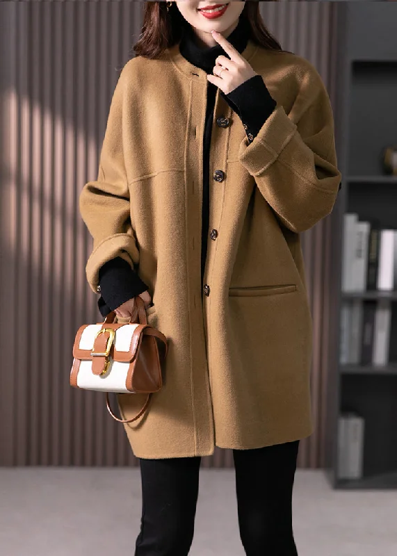 Women Camel O Neck Pockets Button Patchwork Wool Coats Fall Adjustable Waist Parka