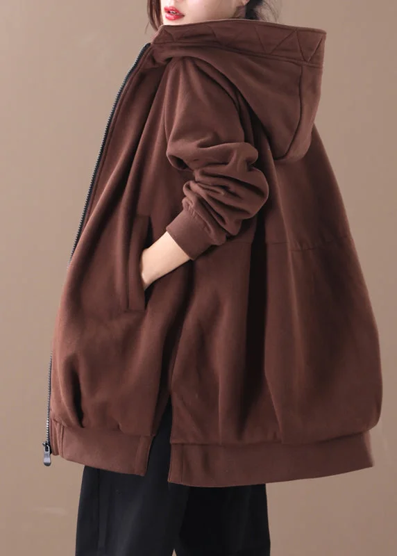 Women Chocolate Zippered Low High Design Hooded Coats Long Sleeve Elegant Satin Bolero