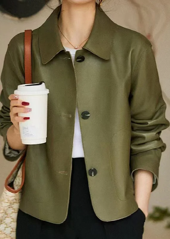 Women Green Peter Pan Collar Pockets Patchwork Sheepskin Coats Fall Lightweight Windbreaker