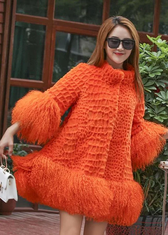 Women Orange Fluffy Patchwork Wool Coat Winter Fur-Trimmed Winter Coat