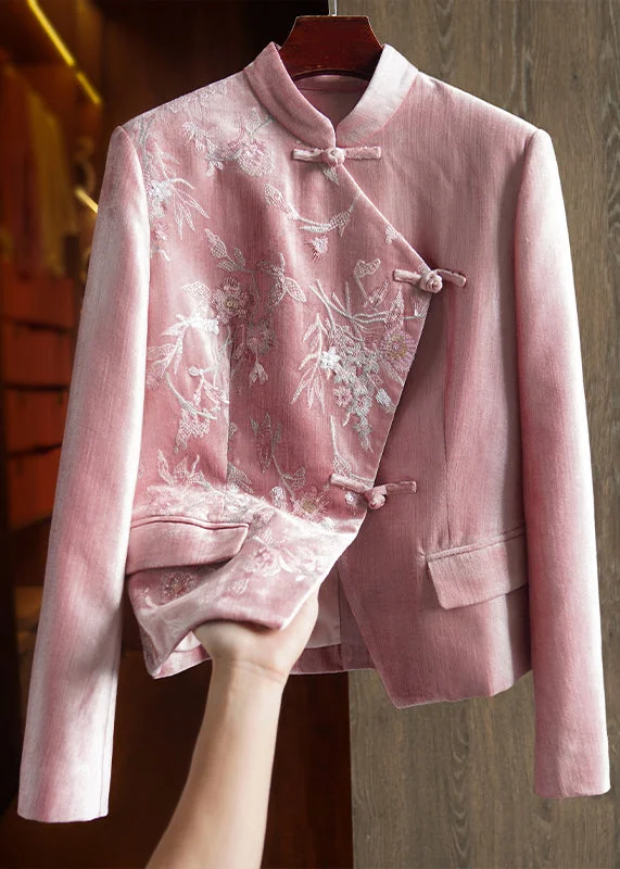 Women Pink Stand Collar Embroideried Sequins Patchwork Cotton Coat Fall Lightweight Windbreaker