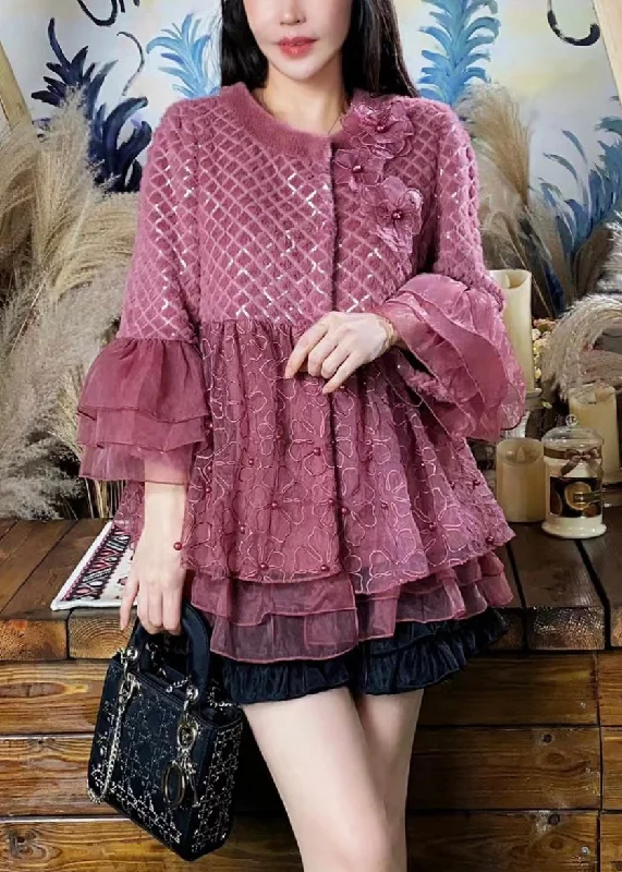 Women Purple Ruffled Tulle Floral Patchwork Mink Velvet Coats Winter Double-Layered Poncho