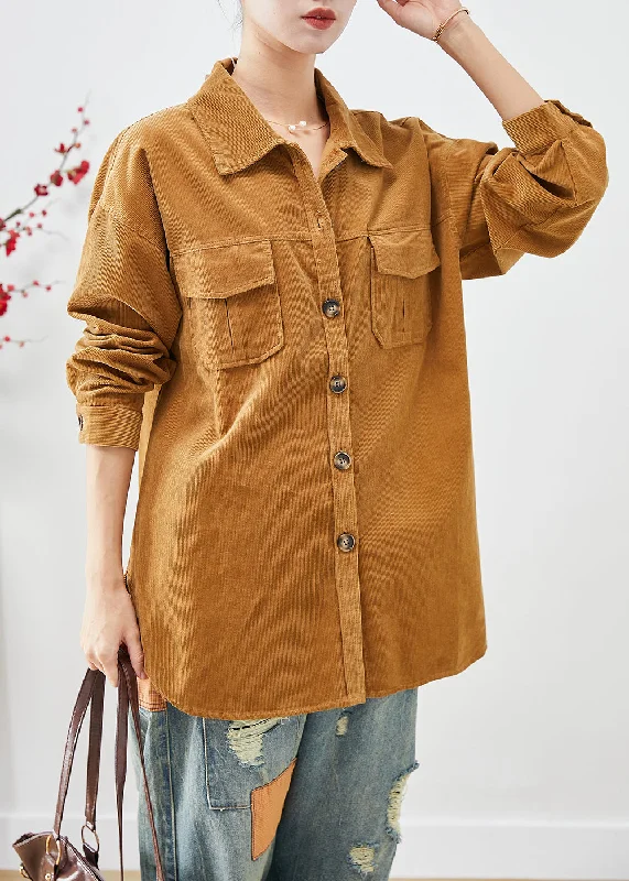 Women Yellow Oversized Pockets Corduroy Coats Fall Relaxed Utility Shacket