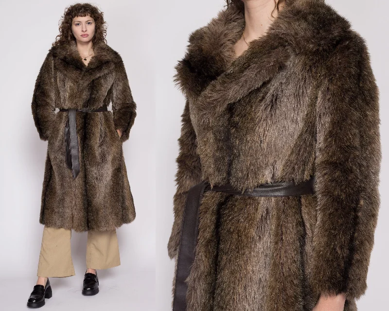 XS 70s Brown Faux Fur Belted Coat Fur-Lined Aviator Coat