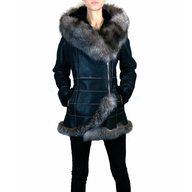 Zooloo Women's Shearling Coat with Fox Trimming Chic Oversized Blazer