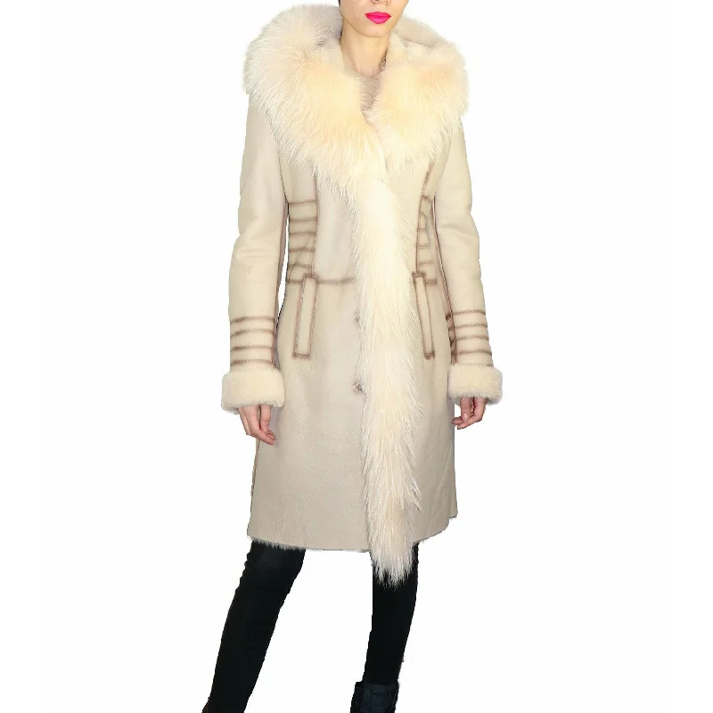 Zooloo Women's Sheepskin Shearling Coat with Fox Trim Draped Collar Cardigan