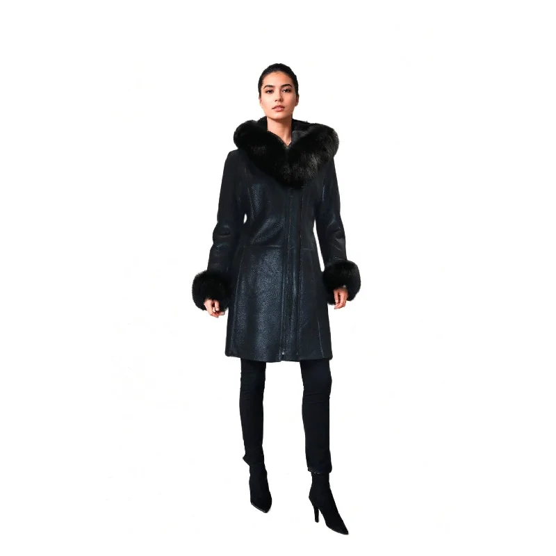 Grecia Women's Sheepskin Shearling Coat with Fur Trim Warm Hooded Poncho