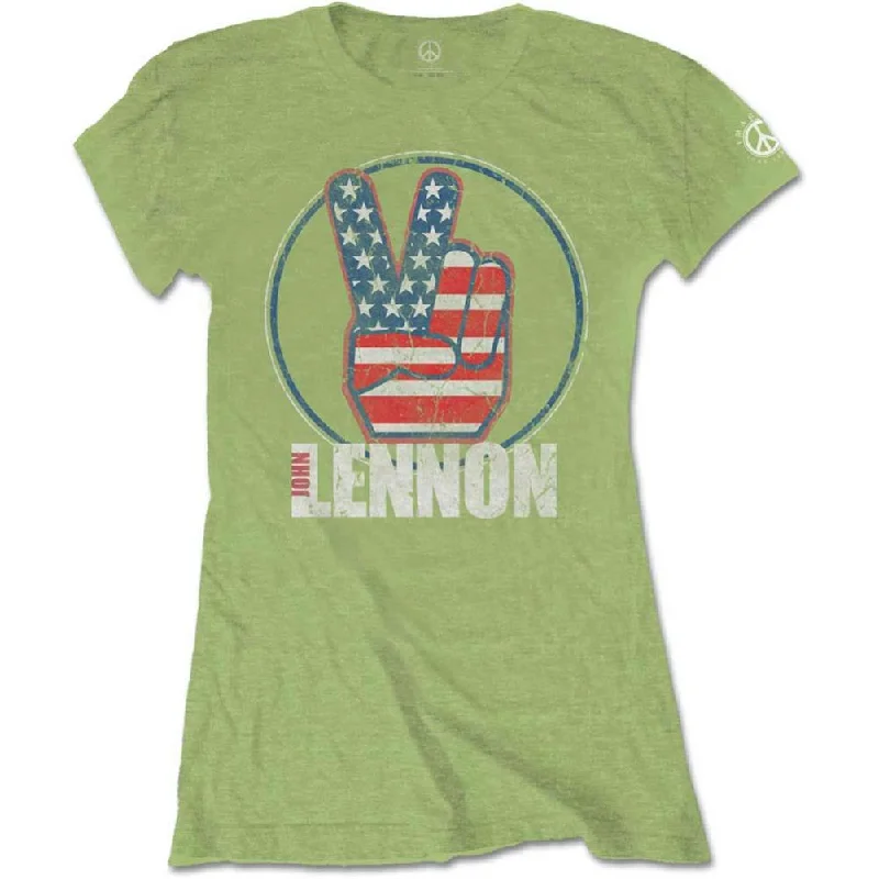 Beatles John Lennon Peace Fingers US Flag Ladies T-Shirt Embroidered Appliqued Beaded