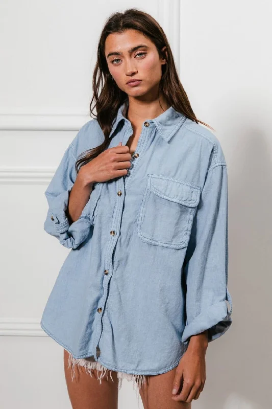 BiBi Button Down Stitch Detail Shirt with Chest Pockets Chenille Brocade Lace