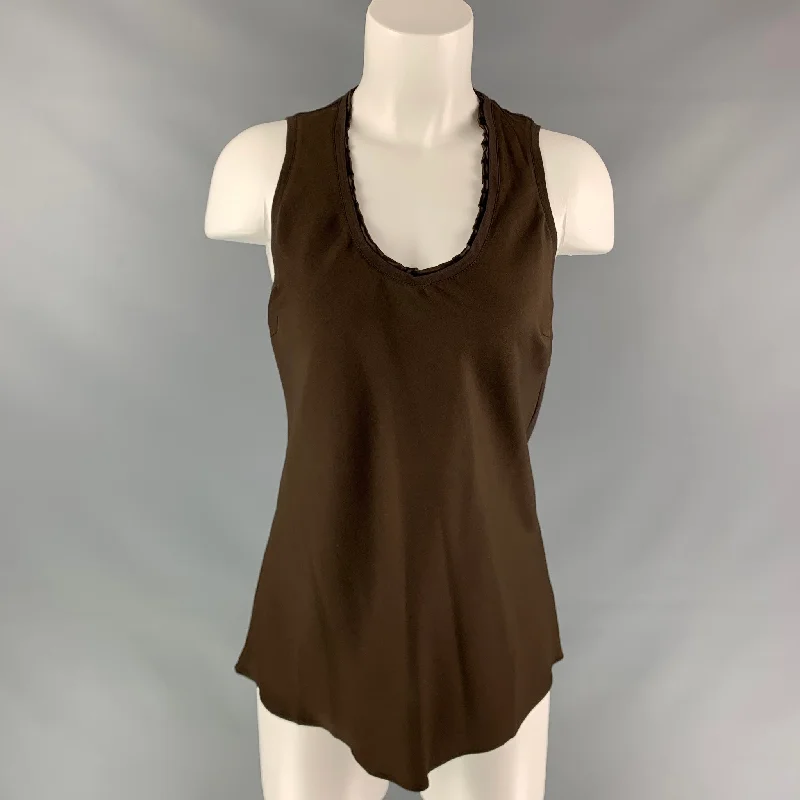 BRUNELLO CUCINELLI Size M Brown Silk Blend V-neck T-Shirt Fitted T-Shirt Seamless Stretchy