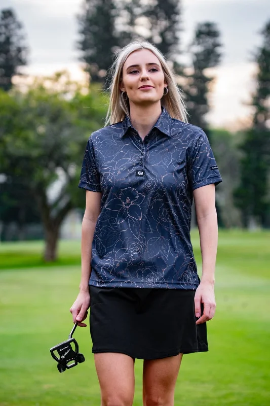 CA Ladies Funky Golf Shirt | Navy/Gold Roses Solid Print Embellished