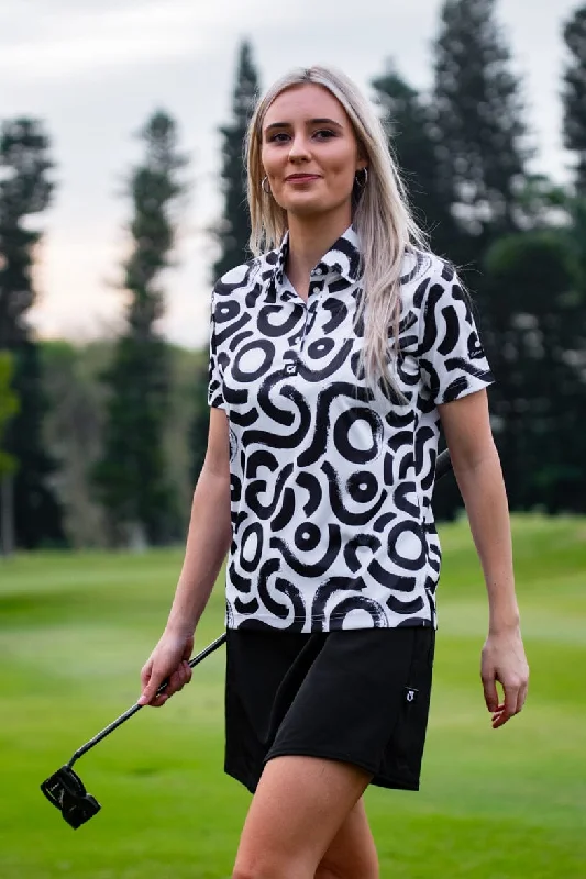 CA Ladies Funky Golf Shirt | Black & White Squiggles Knit Fabric Woven Fabric Fleece Fabric