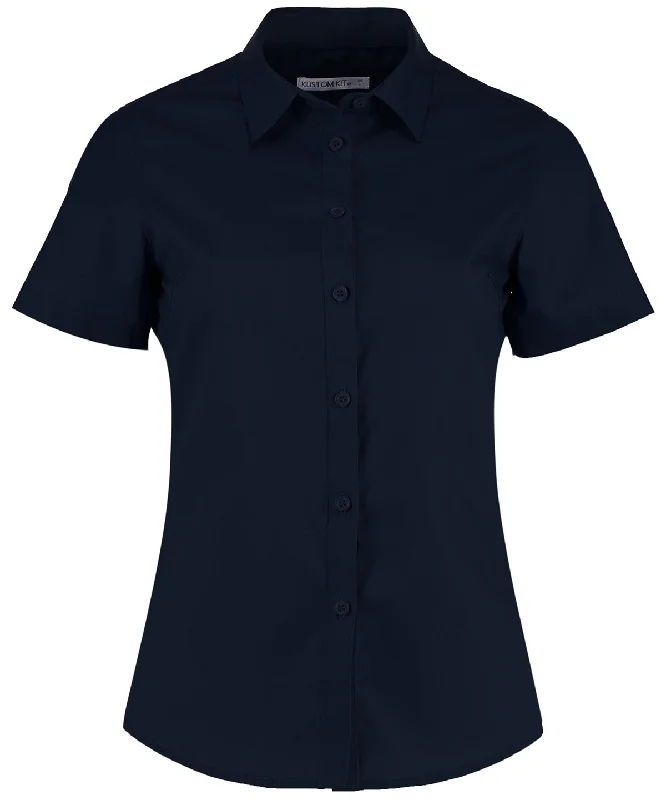 Dark Navy - Women's poplin shirt short sleeve Fleece Fabric Down Fabric Feather Fabric