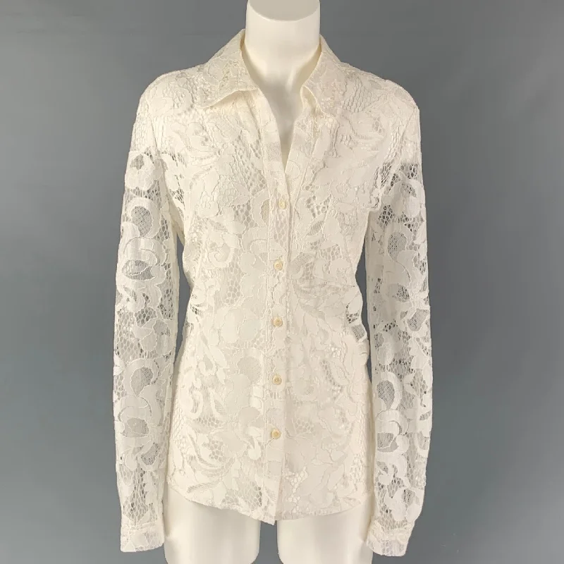 DIANE VON FURSTENBERG Size 8 Cotton Blend White Lace Button Up Shirt Sequined Glittery Shiny