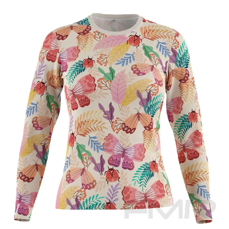 FMR Women's Botanical Print Long Sleeve Running Shirt Front Pockets Side Pockets Patch Pockets