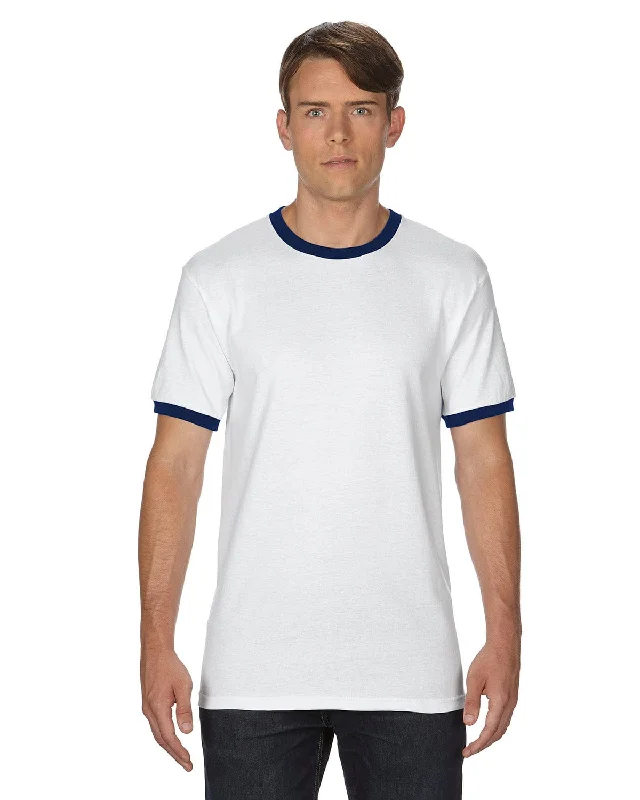 Gildan DryBlend Ringer T-Shirt | White/ Navy Striped Floral Plaid