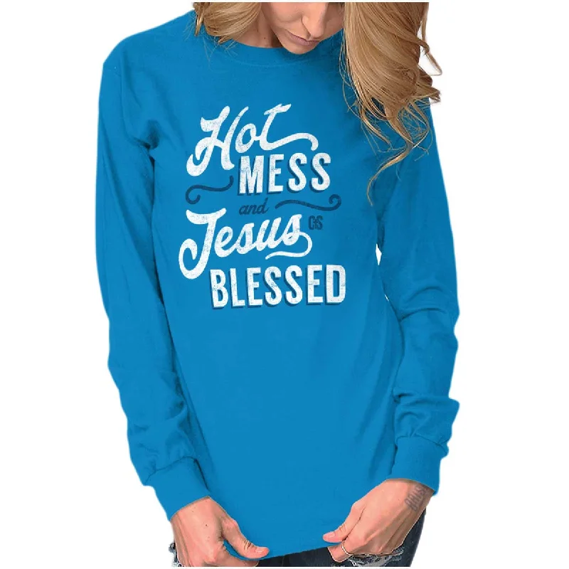 Hot Mess Blessed Long Sleeve T Shirt Houndstooth Herringbone Solid