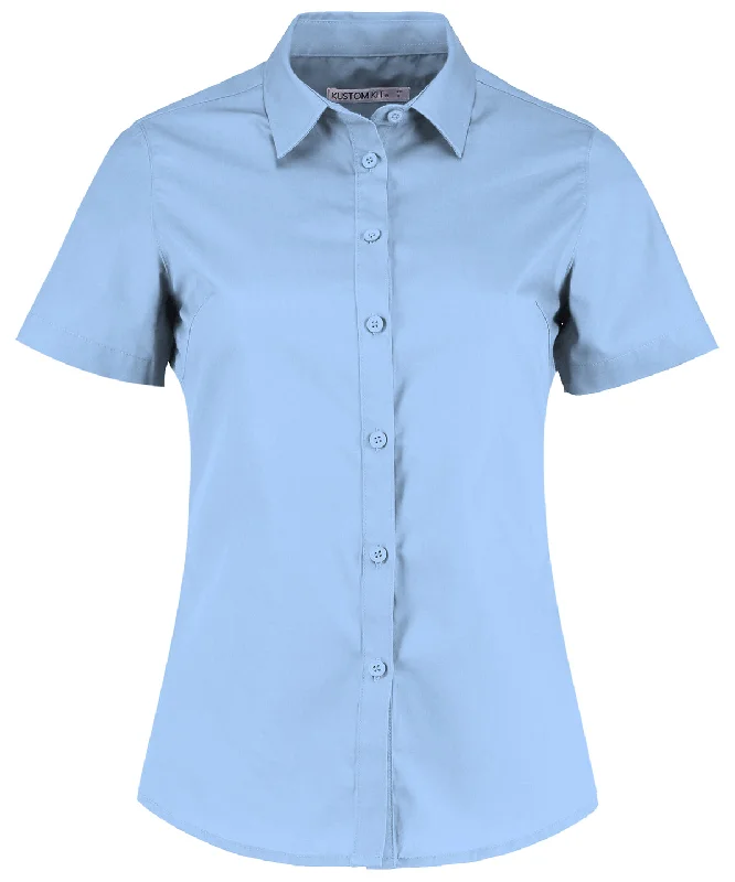 Light Blue - Women's poplin shirt short sleeve Notch Collar Peter Pan Collar Cowl Neck