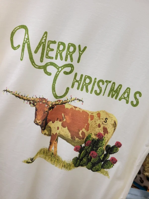 Longhorn Merry Christmas L/S T Shirt Cashmere Blend Cotton Blend Poly Blend