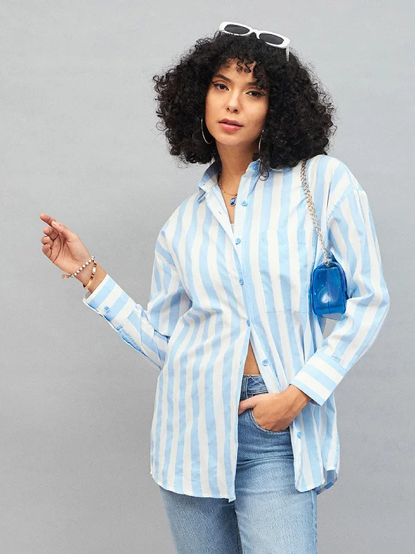 Lyush Women Blue & White Cotton Striped Oversized Shirt Satin Blend Silk Blend Wool Blend