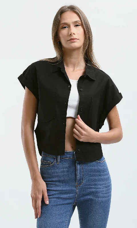 O181643 Classic Collar Black Short Shirt With Front Pockets Welt Pockets Slit Pockets