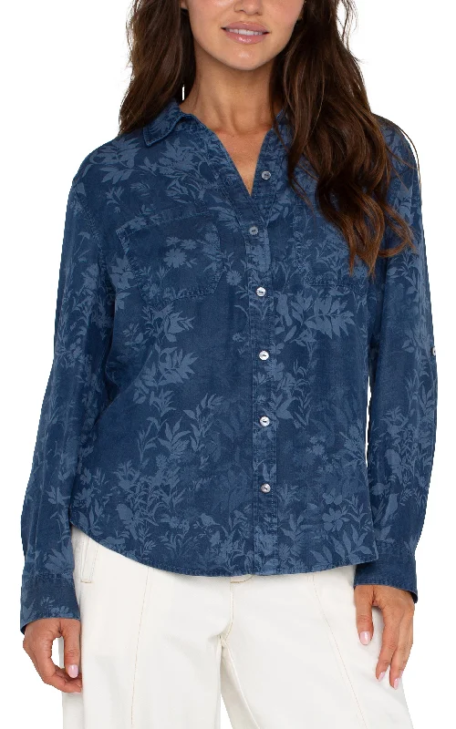 Rolled Sleeve Woven Shirt in Indigo Floral Solid Print Embellished