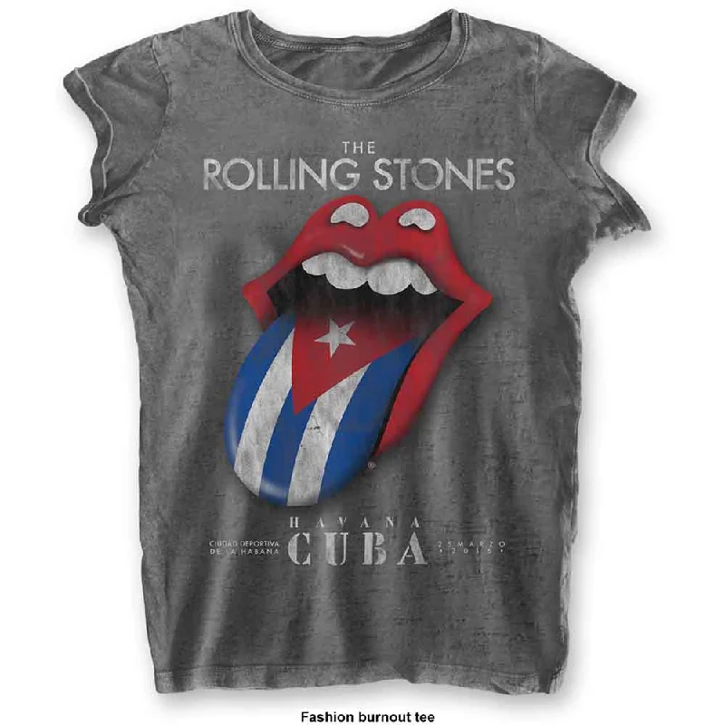 The Rolling Stones | Official Ladies Burnout T-Shirt | Havana Cuba Ribbed Striped Patterned