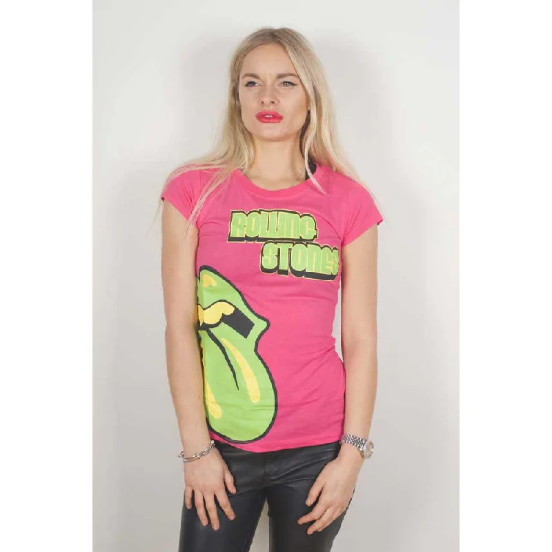 The Rolling Stones Ladies T-Shirt: Green Tongue Mesh Fabric Canvas Fabric Denim Fabric