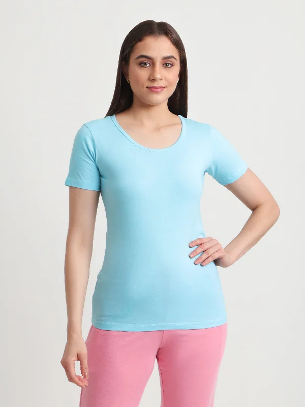 T.T. Women Slim Fit 100% Cotton Cool Round Neck Half Sleev Solid Tshirt  Turquoise Chenille Blend Fleece Blend Nylon Blend