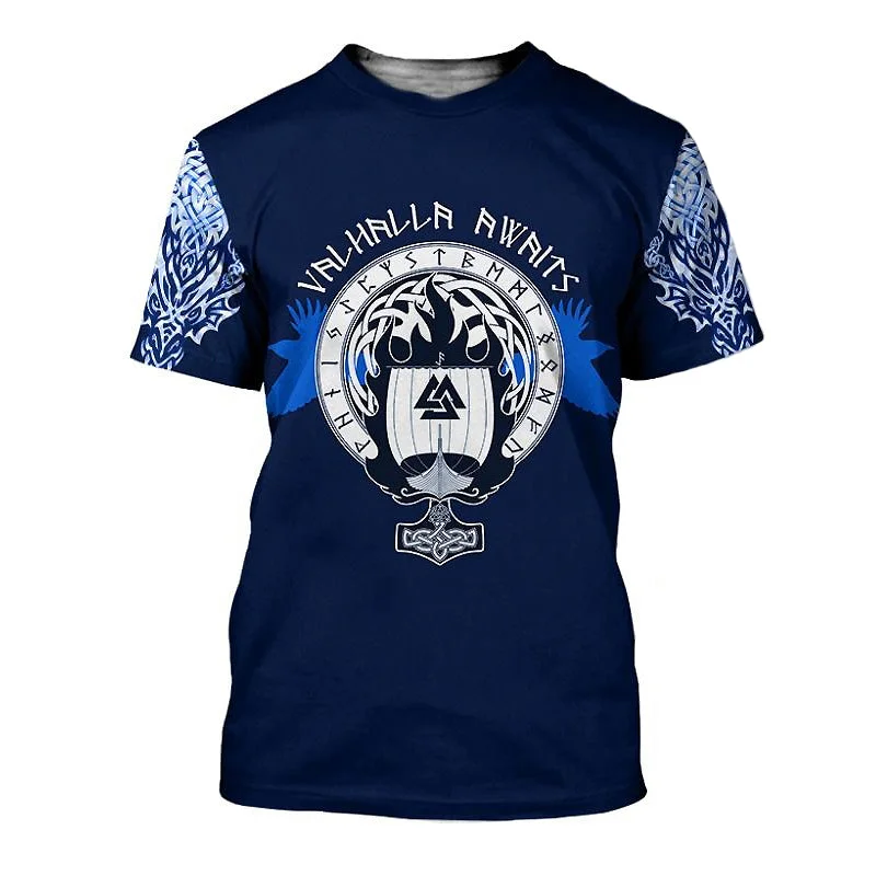 Viking Pattern Valhalla Awaits Print Graphic Tees in 3D / Short Sleeve Vikings Logo O-neck Tops Welt Pockets Slit Pockets