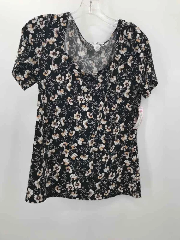 Pre-Owned WHBM Black Size Medium Floral T-shirt Collared Crew Neck Turtle Neck