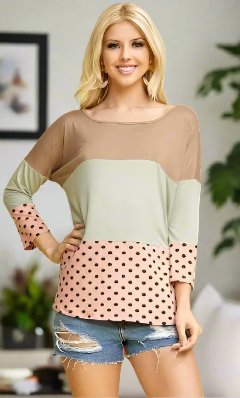 Womens Color Block Striped Shirt, Black White Dot Top, Sizes S/M/L/XL, Tan/Pink/Green Asymmetrical Pockets Print