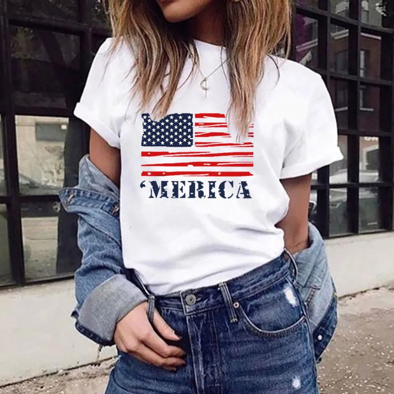 Women'S Fashion Star Stripe Flag Printed Round Neck Short Sleeve T-Shirt Thin T-Shirt Open Front Quick Dry