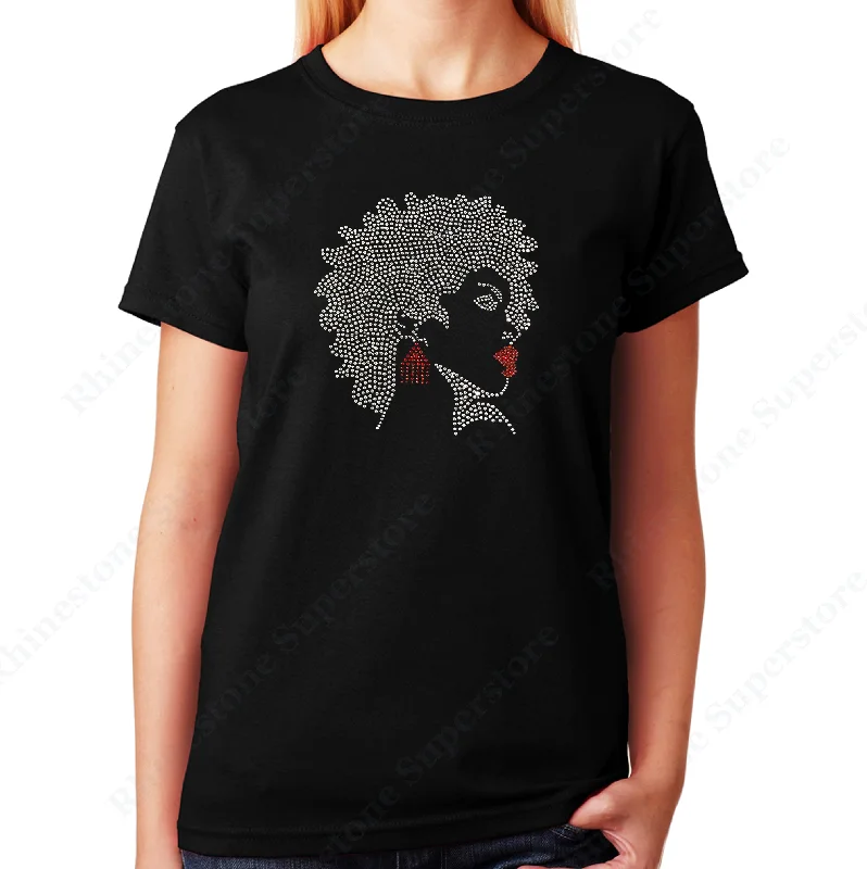 Women's / Unisex T-Shirt with Afro Girl with Red Earrings and Lipstick in Rhinestones Asymmetrical Pockets Print