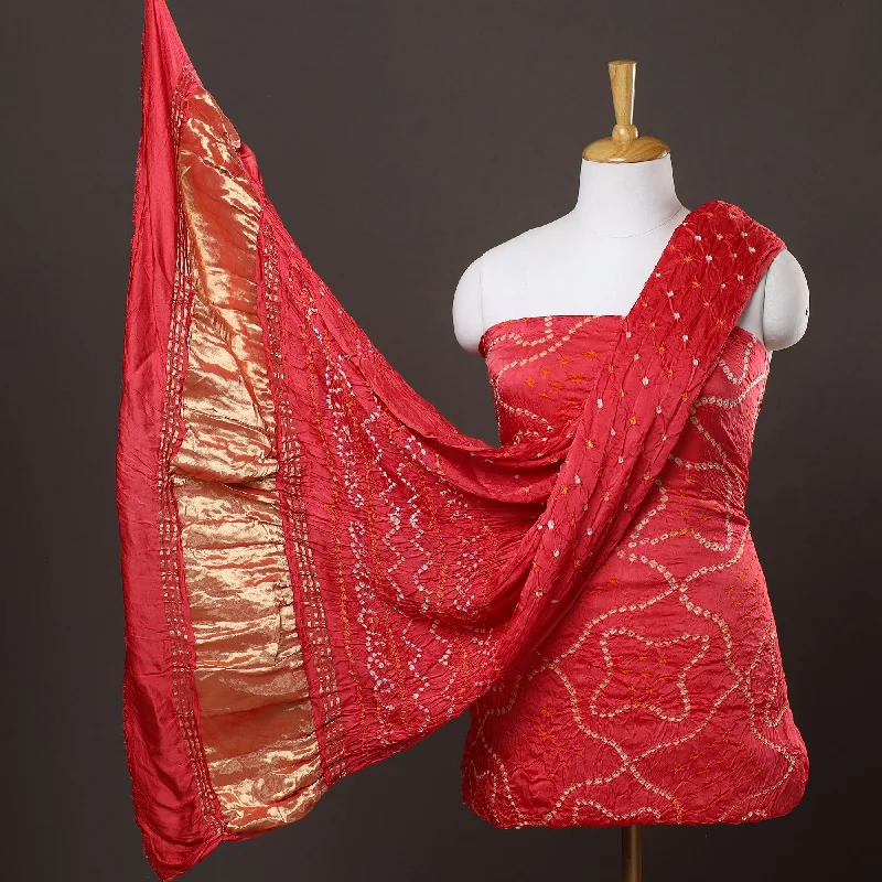 Red - 3pc Modal Silk Kutch Bandhani Dress Material 08