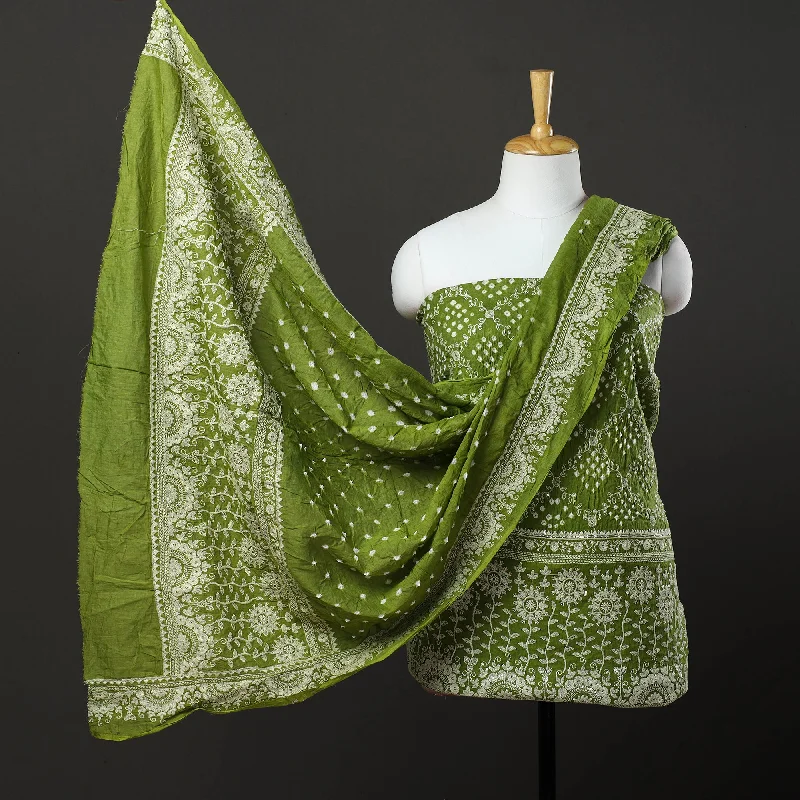 Green - 3pc Kutch Tie-Dye Satin Cotton Bandhni Dress Material 03