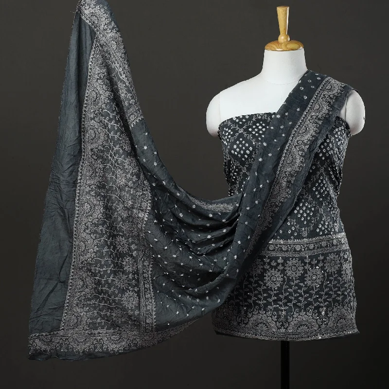 Grey - 3pc Kutch Tie-Dye Satin Cotton Bandhni Dress Material 11