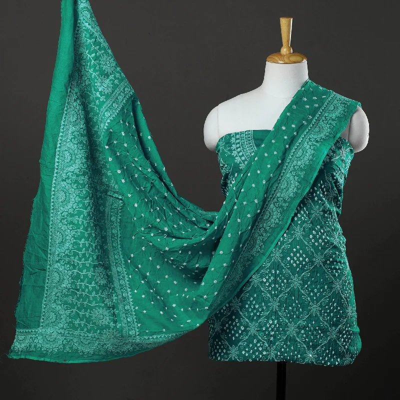 Green - 3pc Mirror Work Satin Cotton Bandhani Dress Material 112