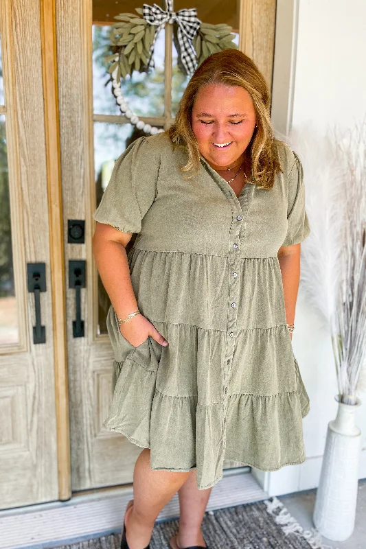 Amanda Half Sleeve Button down Tiered Washed Dress[S~2x] *FINAL SALE*