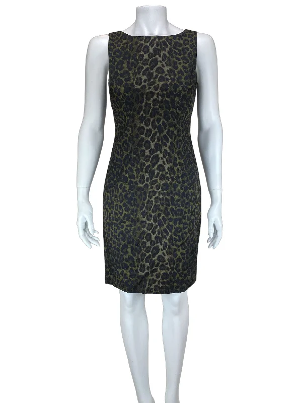 Ann Taylor, Women's Leopard Print Dress, Olive/Black, Size 4 Petite
