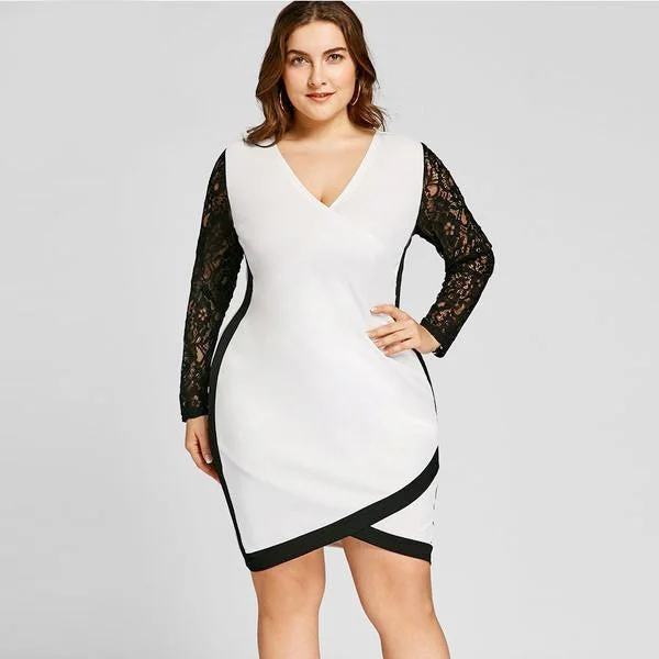 ANALUKE Two Tone Lace Trim Surplice Lace Dress