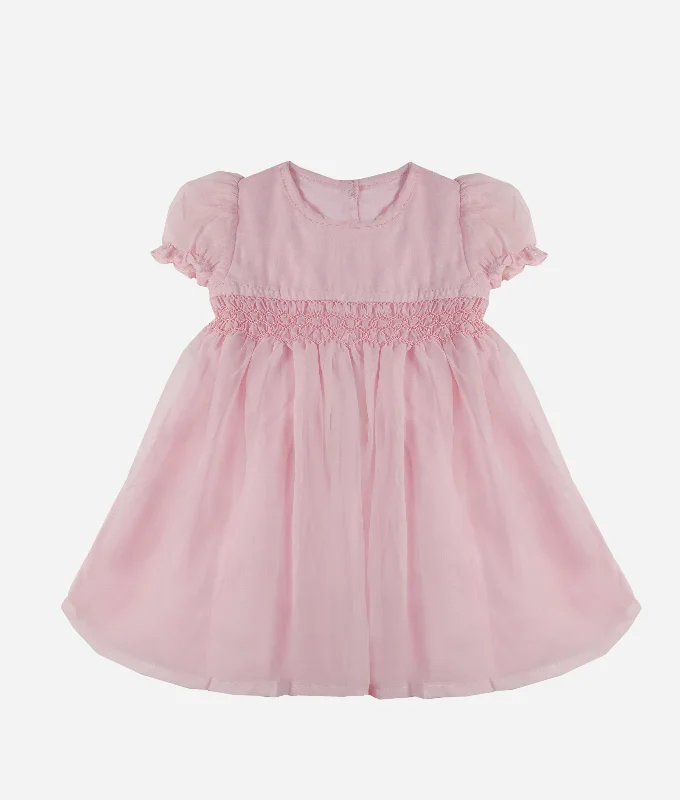 Baby Pink Georgette Puffed Sleeved Smocked Dress