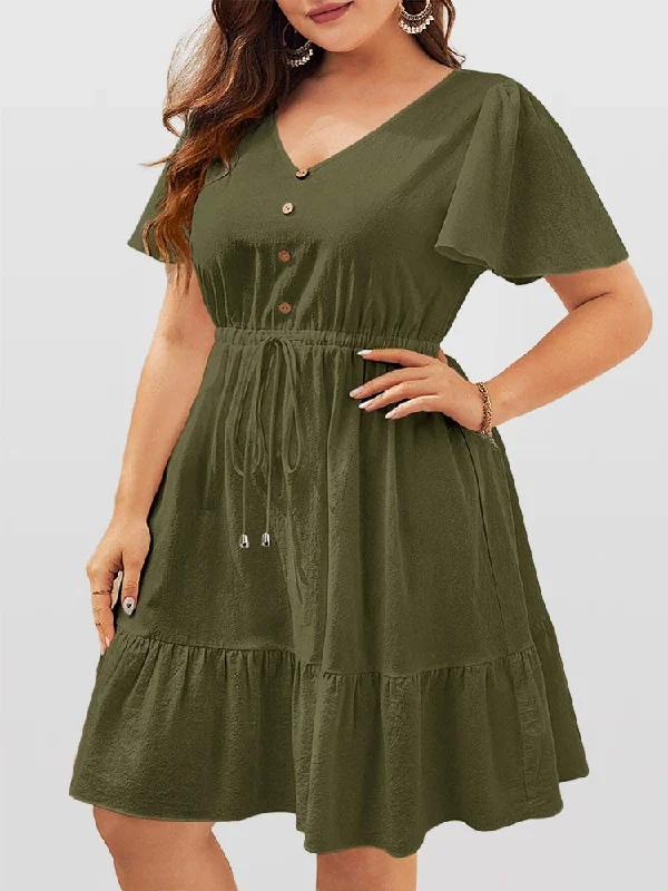 V-Neck Ruffle Sleeve Button Front Drawstring Waist Dress