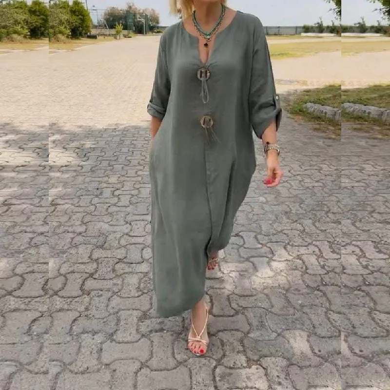 Casual V-neck Cotton and Linen Dress