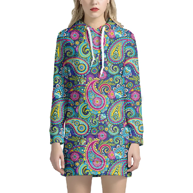 Colorful Paisley Pattern Print Pullover Hoodie Dress