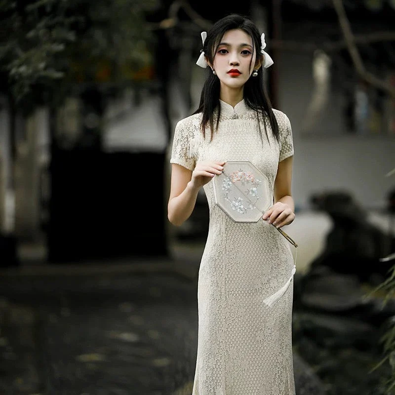 cream color lace qipao, mermaid style dress