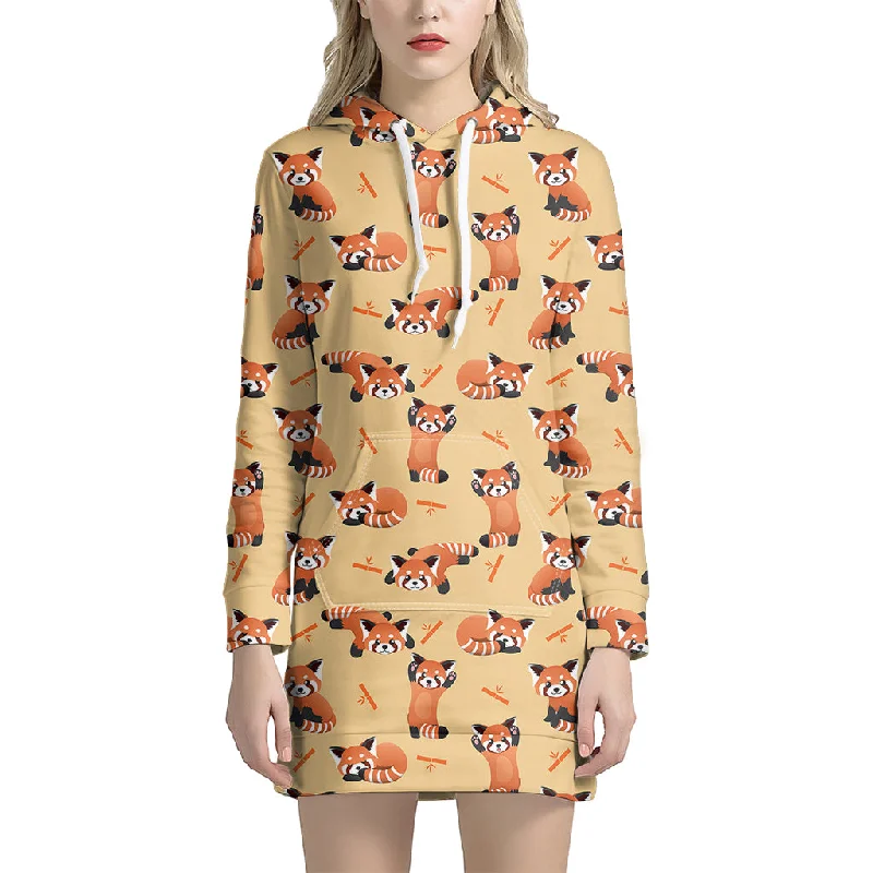 Cute Red Panda And Bamboo Pattern Print Pullover Hoodie Dress