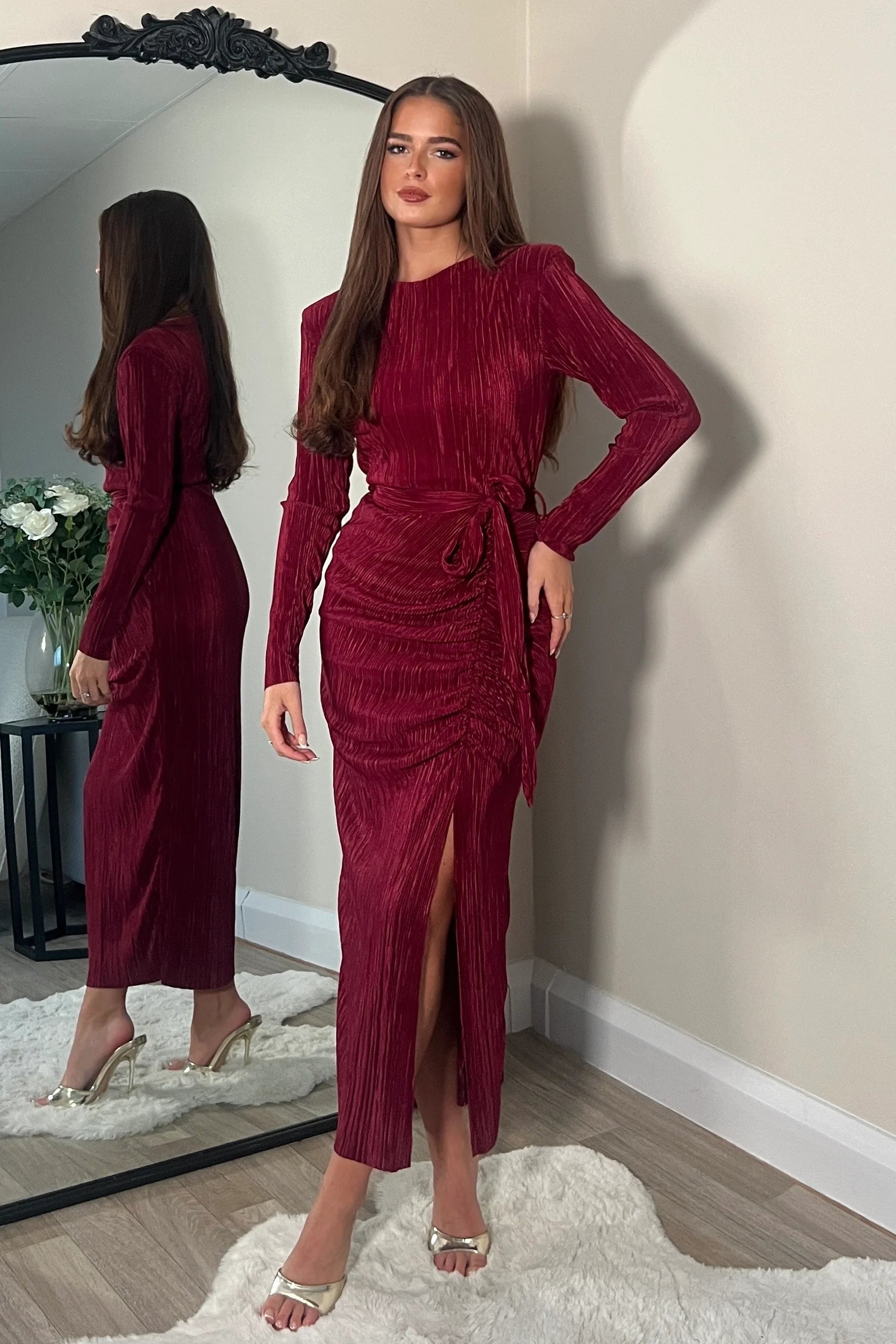 ELENA L/S RUCHED DRESS BURGUNDY
